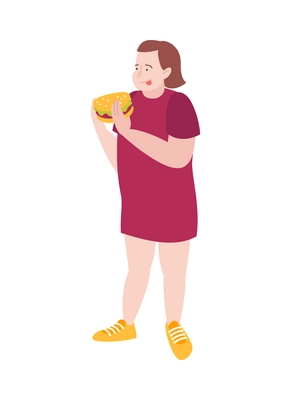 Fat people obesity composition with isolated doodle character of girl eating burger vector illustration