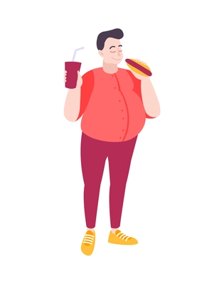 Fat people obesity composition with isolated doodle character of man eating junk food vector illustration