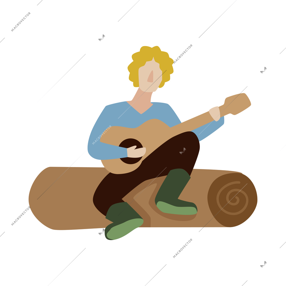Camping composition with male character playing guitar sitting on roll mat on blank background vector illustration