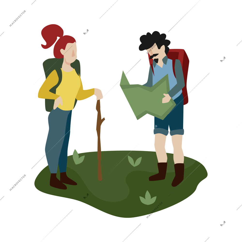 Camping composition with isolated characters of hikers checking paper map on blank background vector illustration