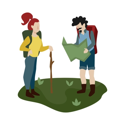 Camping composition with isolated characters of hikers checking paper map on blank background vector illustration