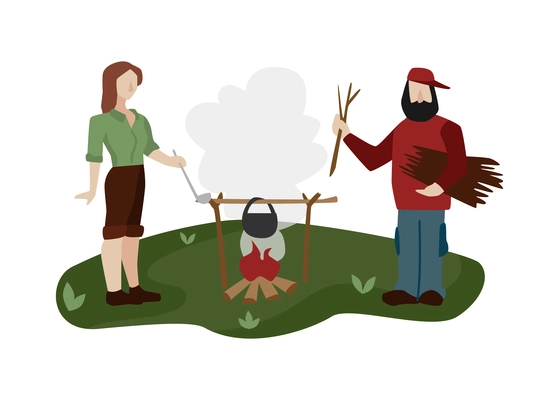 Camping composition with human characters cooking meal over campfire on blank background vector illustration