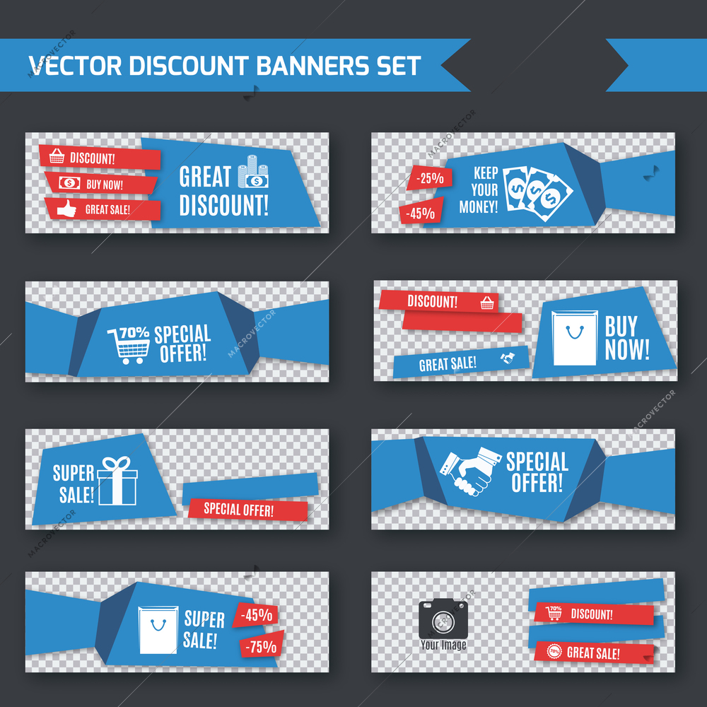 Discount promotion advertising blue origami paper banners set isolated vector illustration