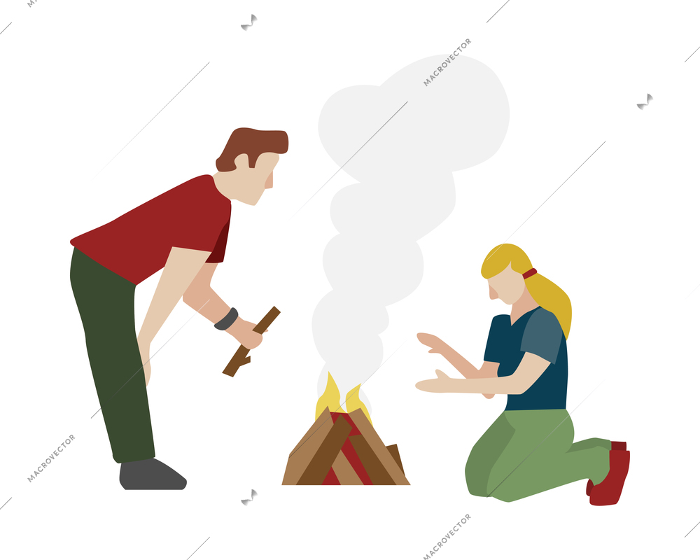 Camping composition with male and female characters making bonfire on blank background vector illustration