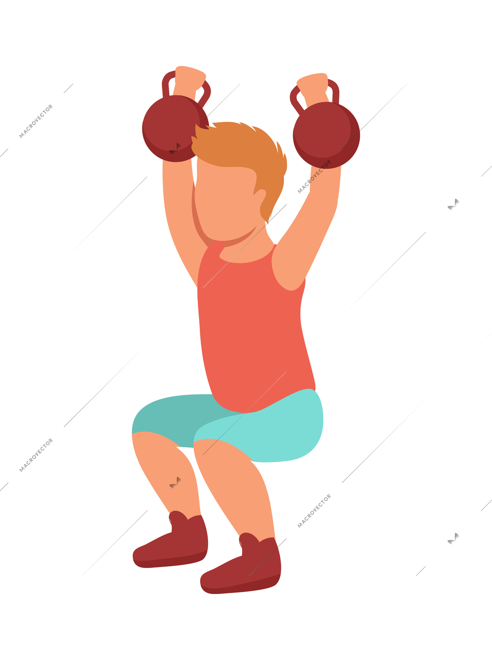 Kid sport isometric composition with character of boy lifting heavy dumbbells vector illustration