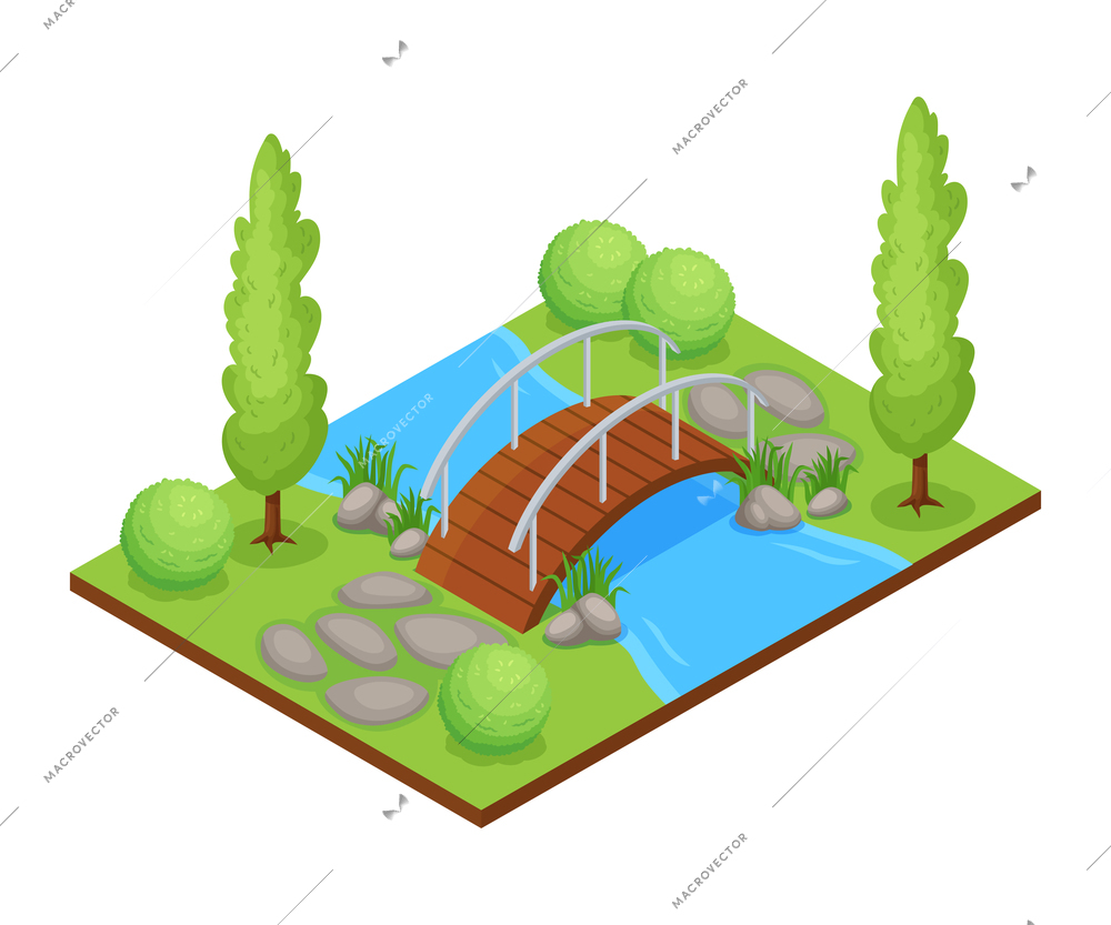 Natural park landscape 3d composition with bridge over river and green trees isometric vector illustration