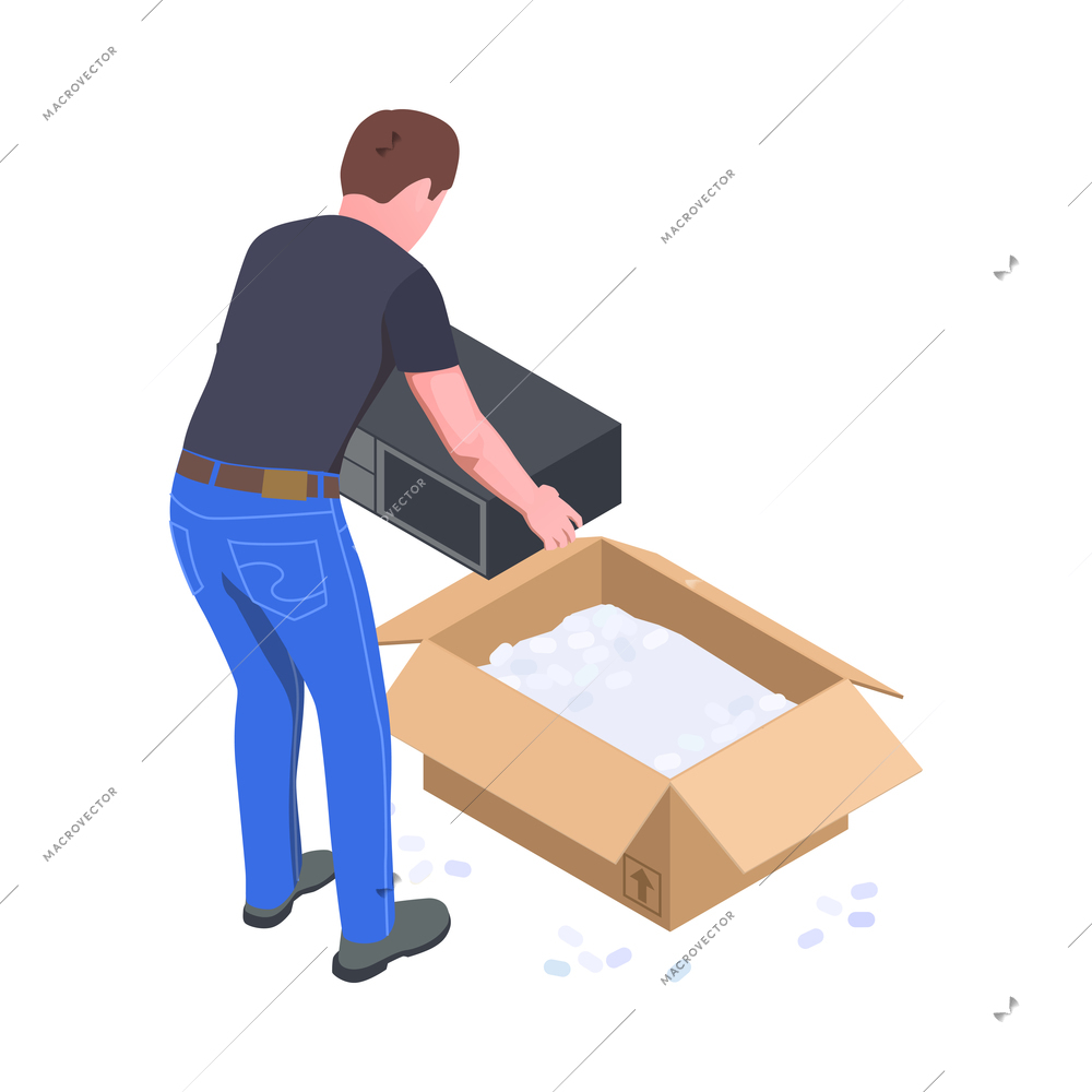 Isometric icon with man unpacking cardboard box with data center equipment 3d vector illustration