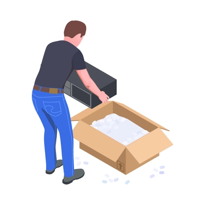 Isometric icon with man unpacking cardboard box with data center equipment 3d vector illustration