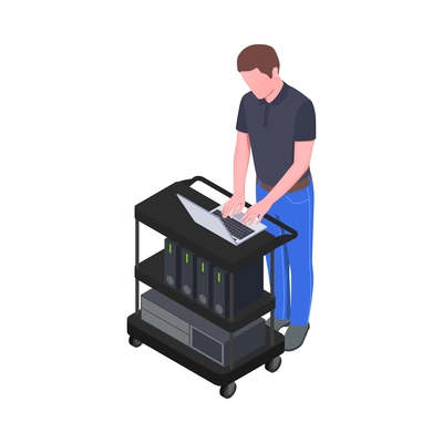 Male character of system administrator working on laptop in data center isometric icon vector illustration