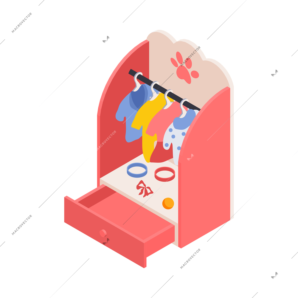 Cute pet wardrobe isometric icon with clothing and accessories for cats and dogs 3d vector illustration