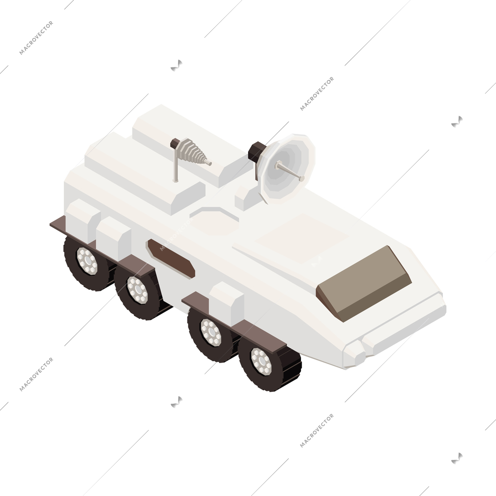 Mars rover space vehicle with antenna isometric icon on blank background 3d vector illustration