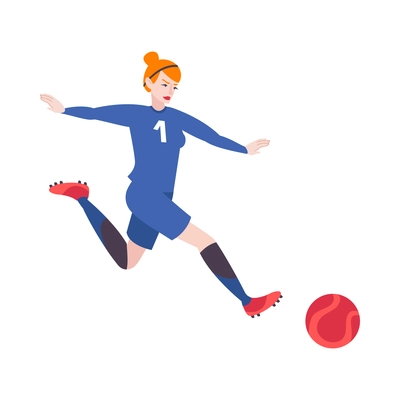 Flat icon with female football player going to hit ball isolated vector illustration