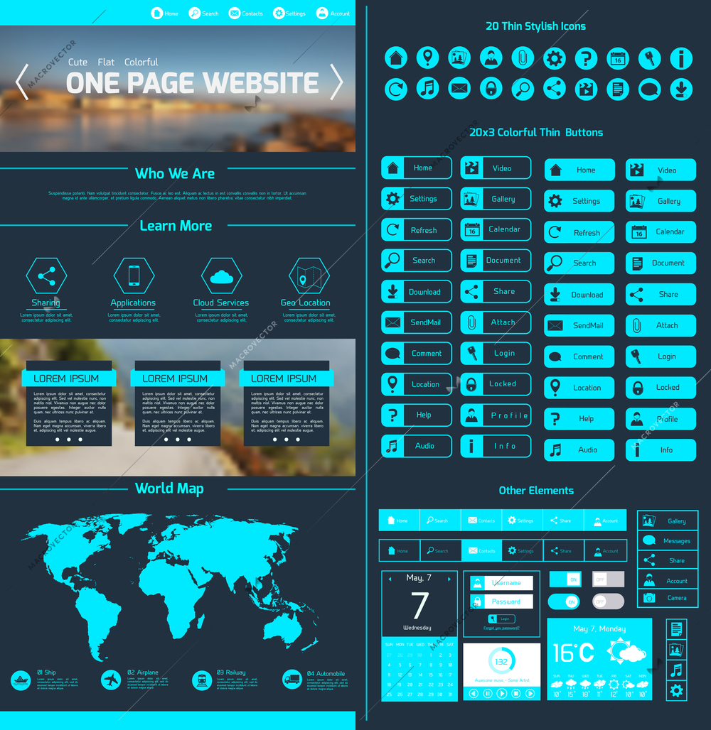 One page website design template with world map menu icons and navigation layout elements vector illustration