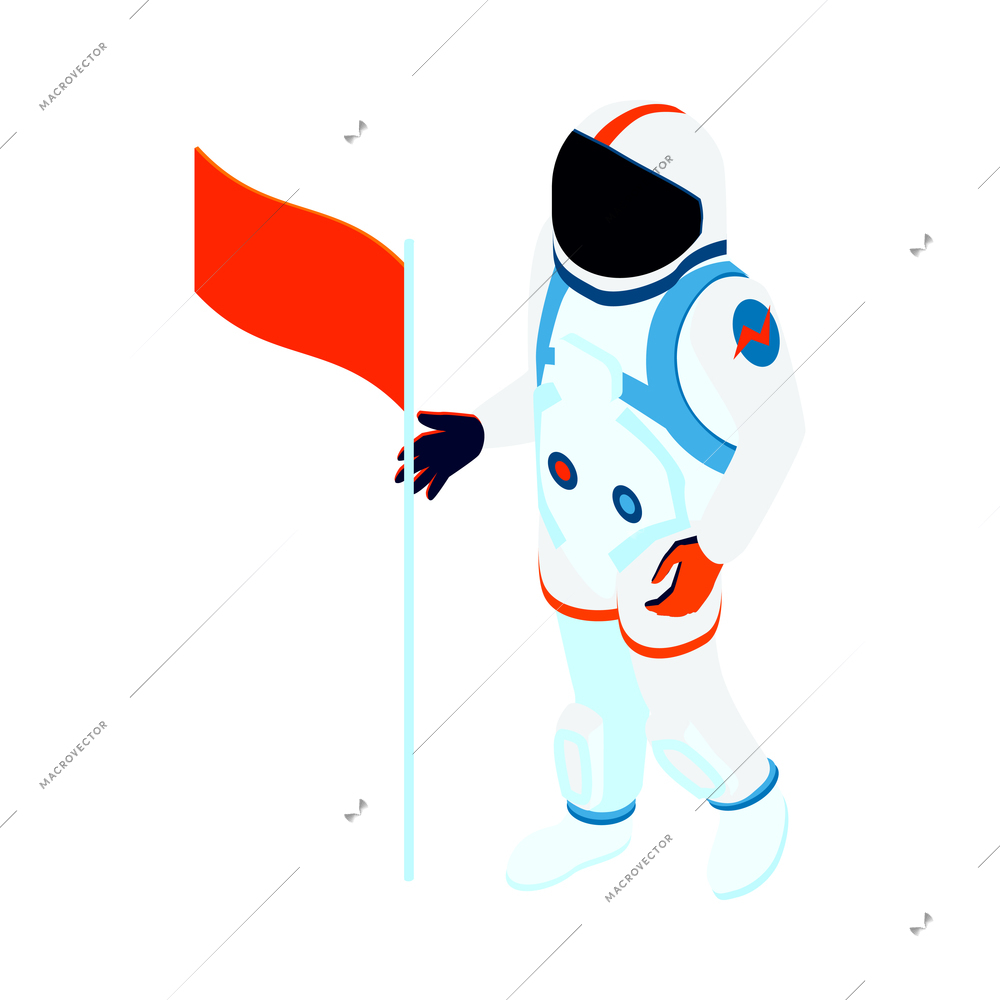Isometric icon with spaceman wearing spacesuit and red flag on white background 3d vector illustration