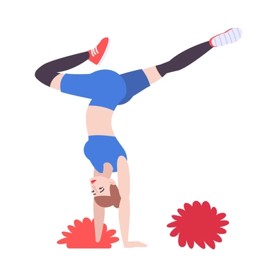 Sports cheerleader dancing with red pompons flat icon on white background isolated vector illustration