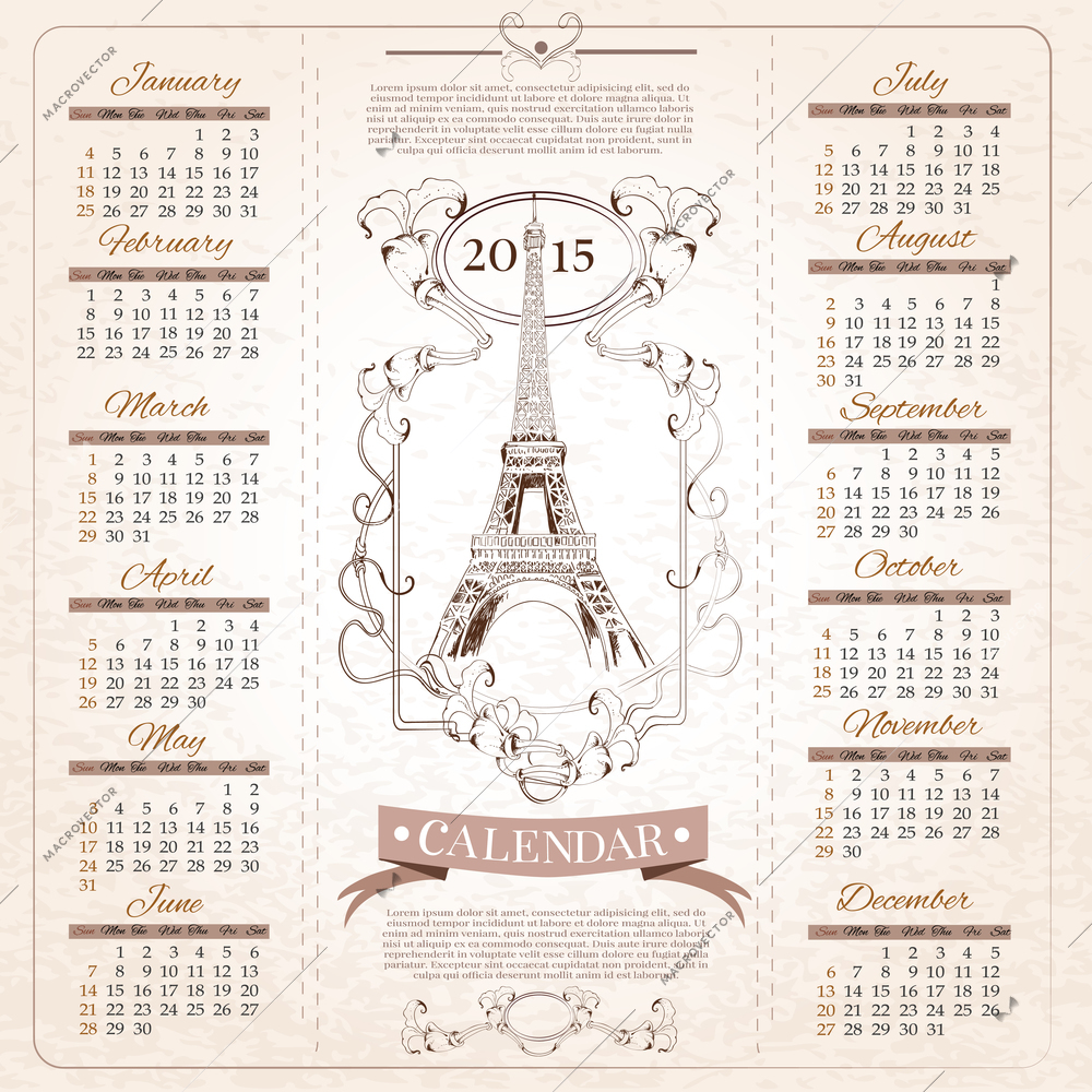 Retro months calendar for 2015 year with hand drawn france paris eiffel tower design template vector illustration