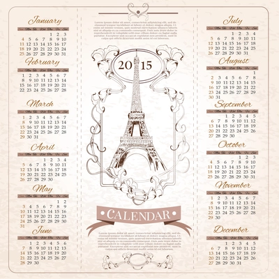 Retro months calendar for 2015 year with hand drawn france paris eiffel tower design template vector illustration