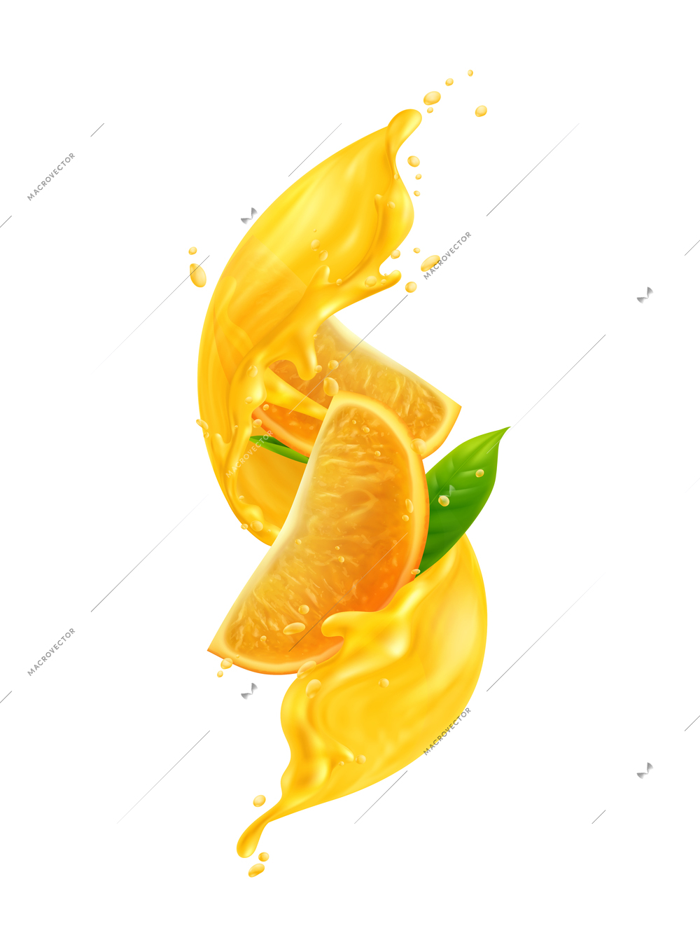 Realistic orange slices in juice splashes vector illustration