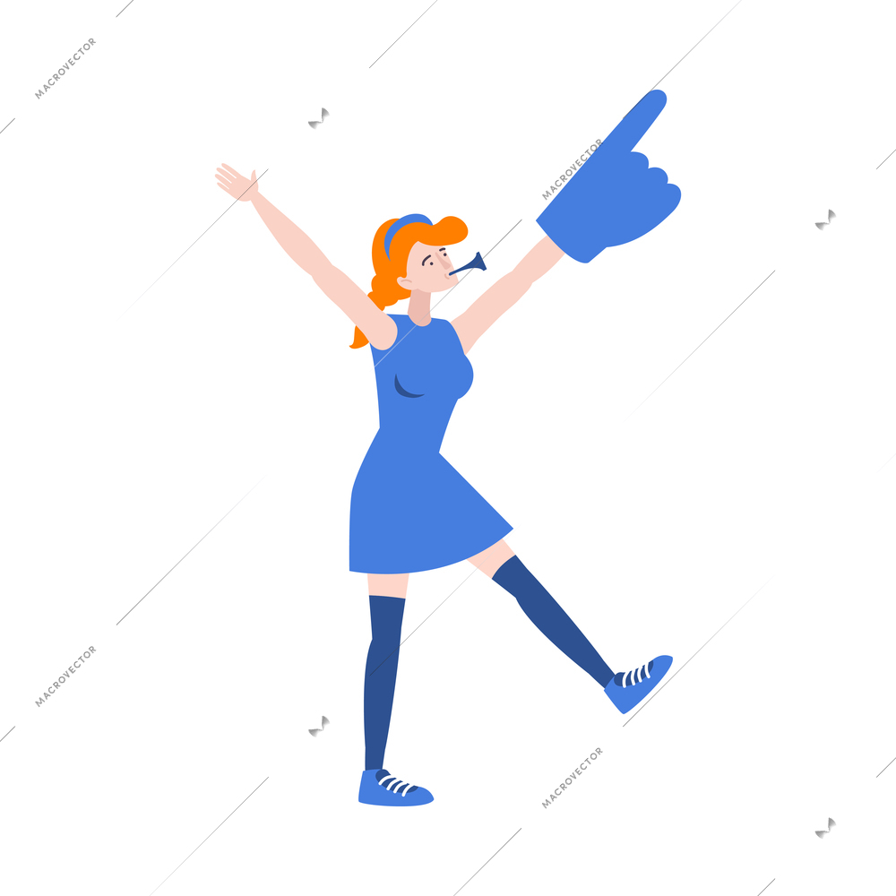 Flat character of football fan with hand glove on white background vector illustration