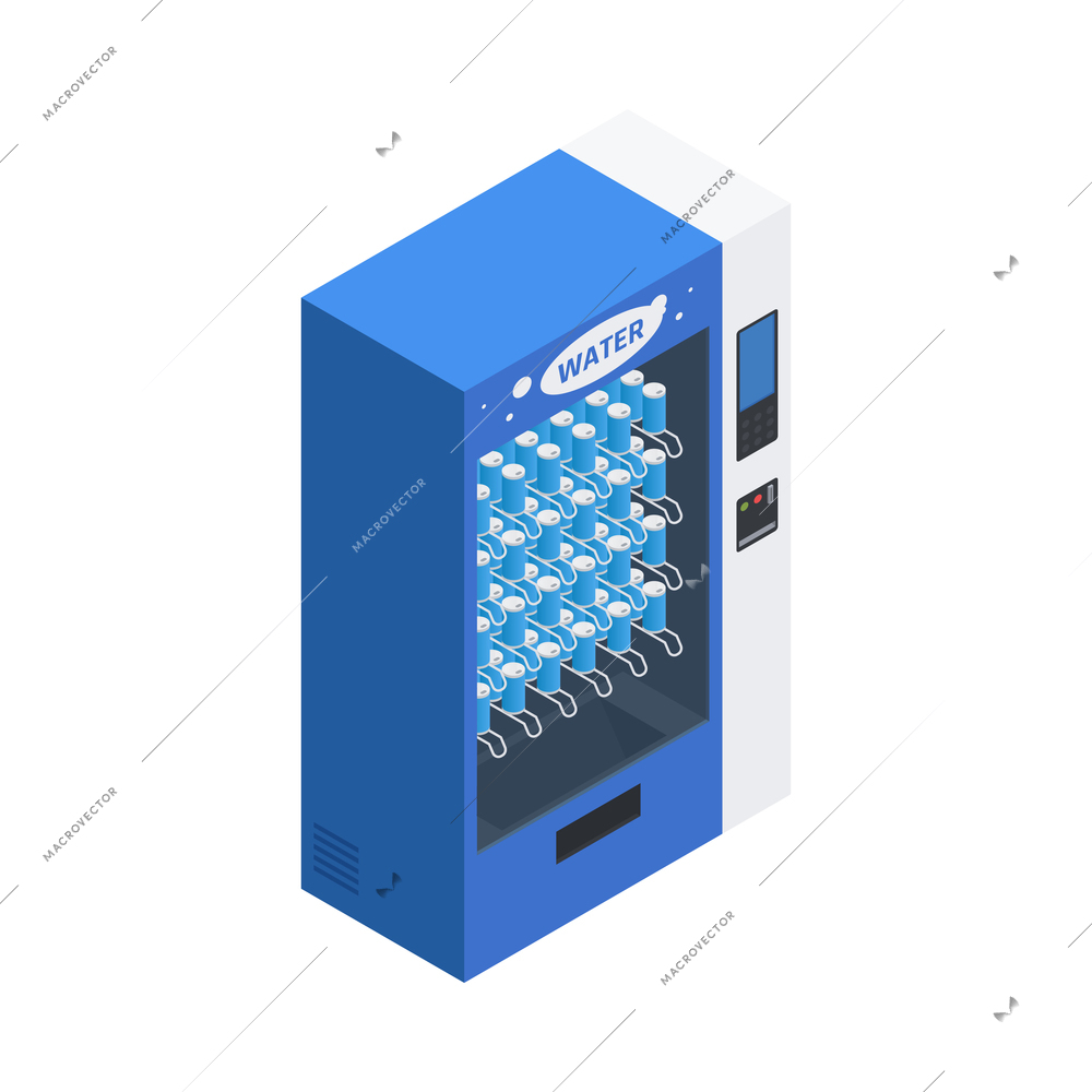 Isometric vending machine with cans of water 3d vector illustration