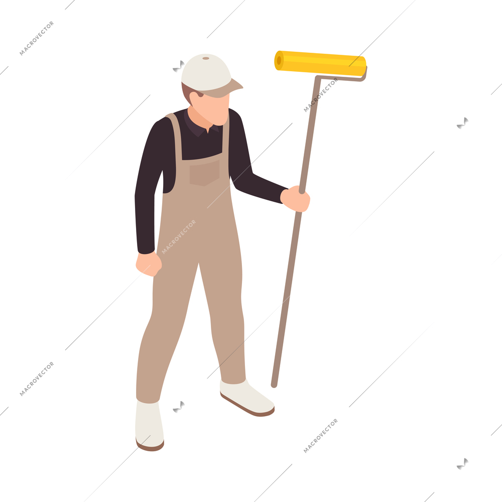 Isometric human character of painter holding paint roller 3d vector illustration