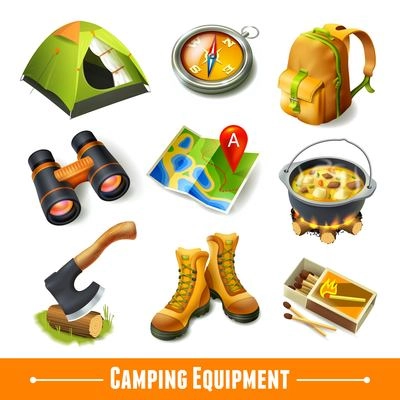 Camping summer outdoor activity equipment decorative icons set isolated vector illustration.