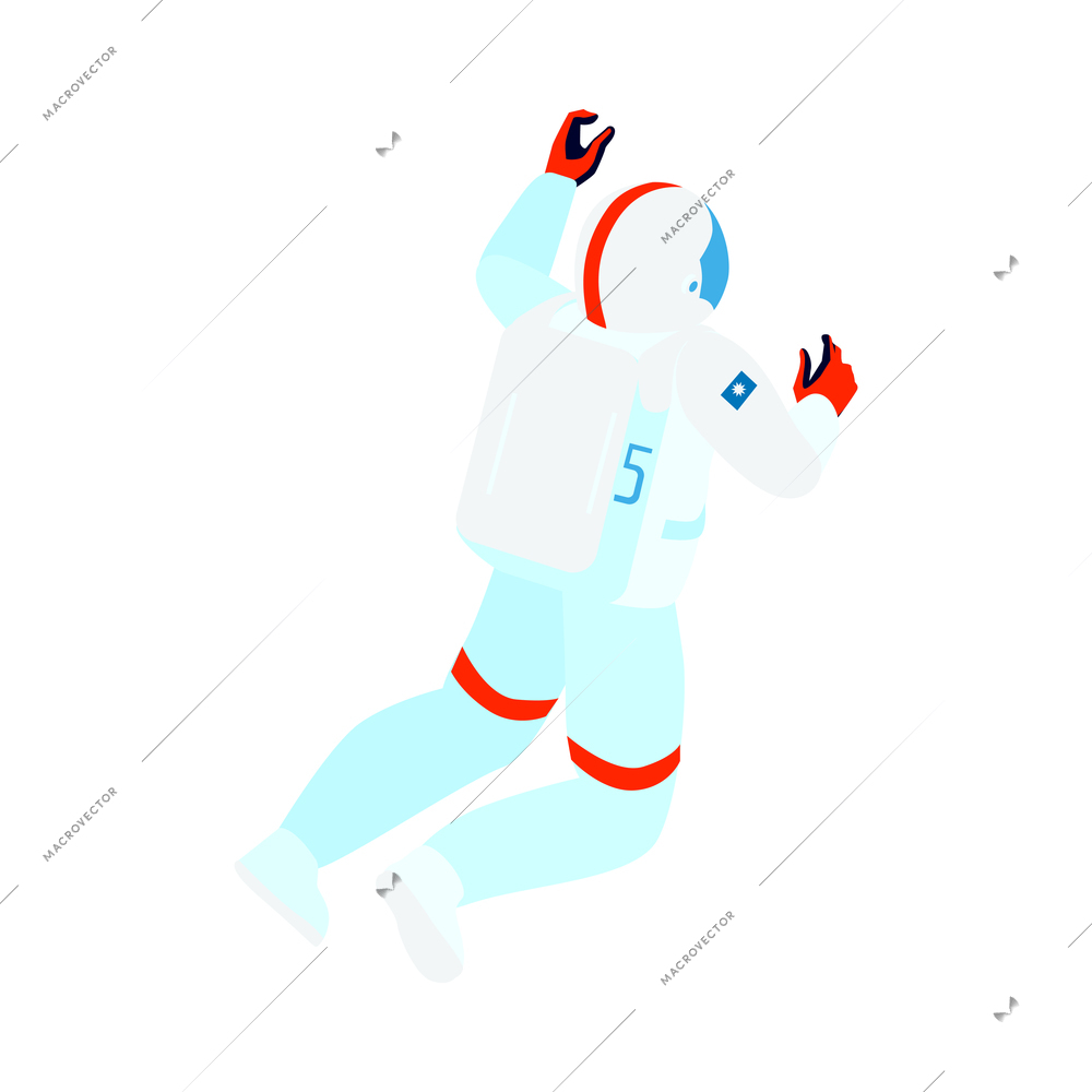 Isometric icon with spaceman under zero gravity in outer space back view 3d vector illustration