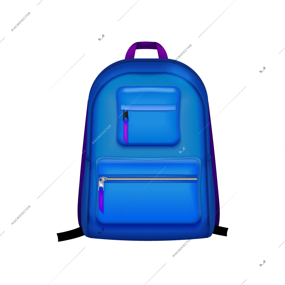 Realistic school backpack in blue color front view vector illustration