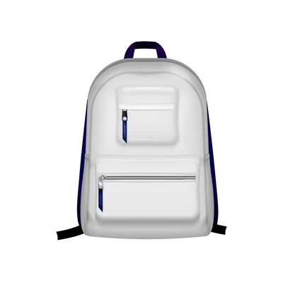 Blue and white school backpack front view realistic vector illustration