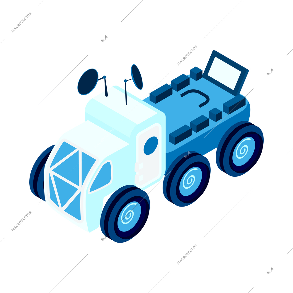 Isometric icon with blue mars rover vehicle on white background 3d vector illustration