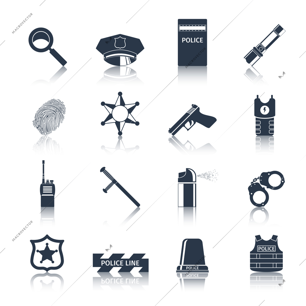 Police crime and justice black icons set with handcuffs fingerprints baton isolated vector illustration