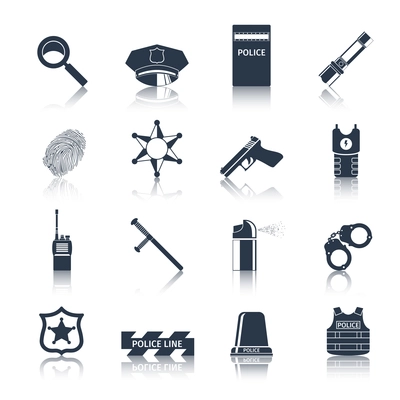 Police crime and justice black icons set with handcuffs fingerprints baton isolated vector illustration