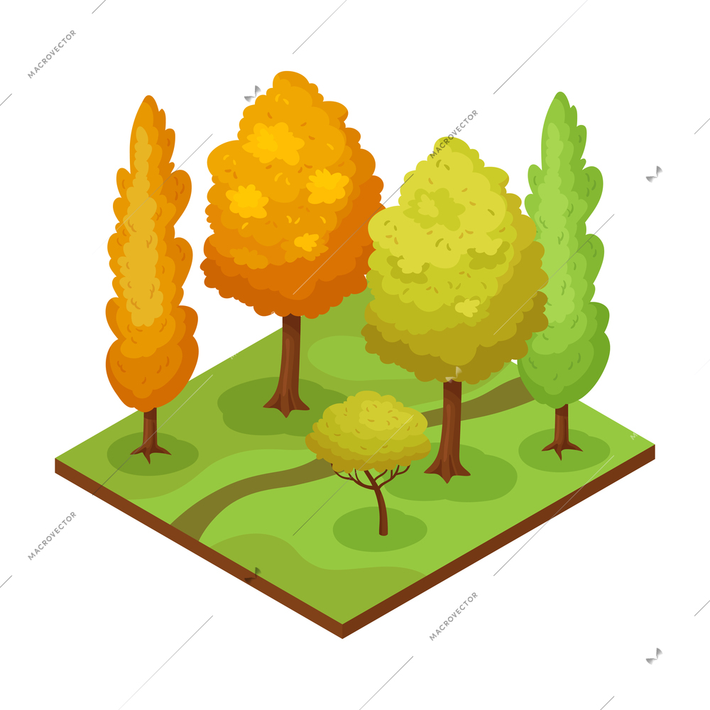 Park element isometric composition with green yellow trees and path 3d vector illustration