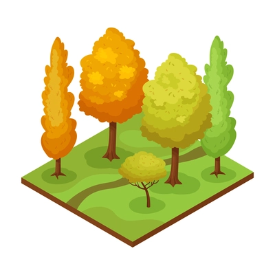 Park element isometric composition with green yellow trees and path 3d vector illustration