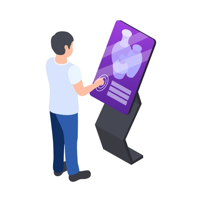 Isometric icon with visitor using interactvie touch screen stand in modern museum vector illustration