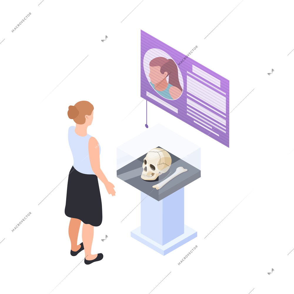 Woman at interactive exhibition with virtual guide in modern museum isometric composition vector illustration