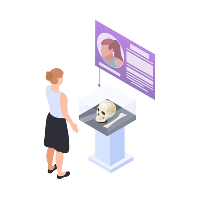 Woman at interactive exhibition with virtual guide in modern museum isometric composition vector illustration