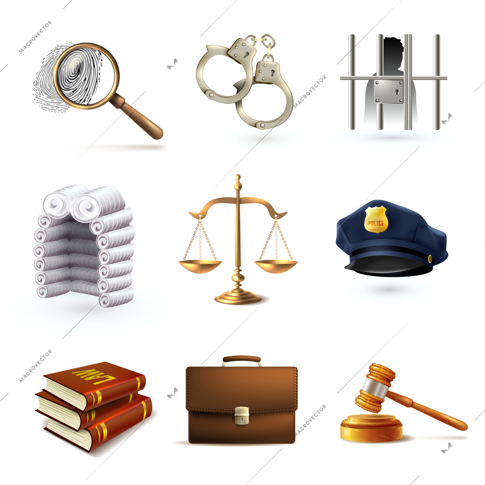 Decorative law legal justice police icons set with briefcase scales prisoner isolated vector illustration