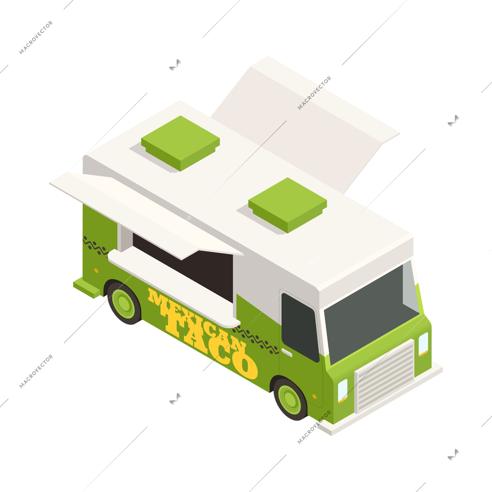 Street mexican taco food truck in green and white colors isometric icon 3d vector illustration