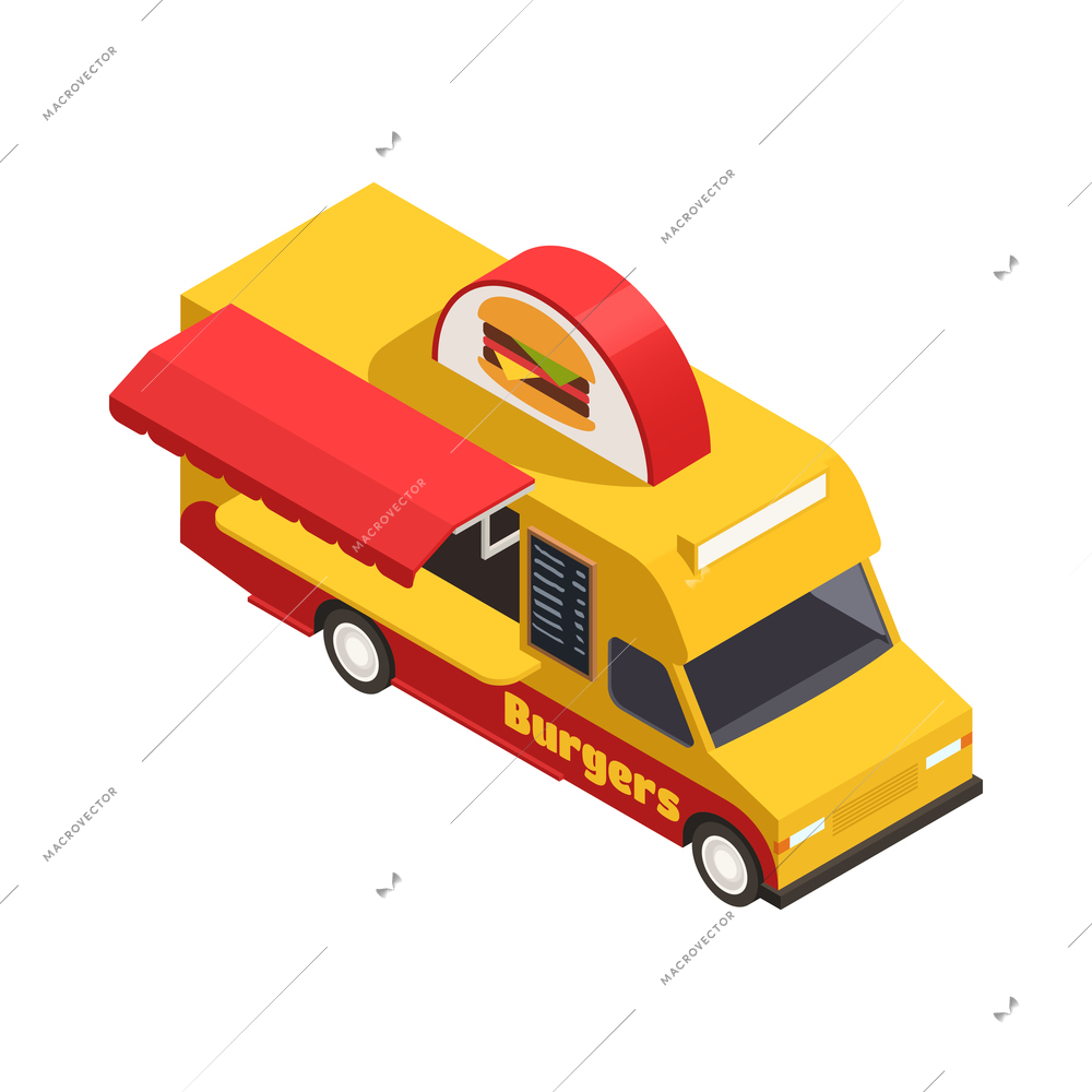 Street food truck with burgers in yellow and red colors on white background 3d isometric vector illustration