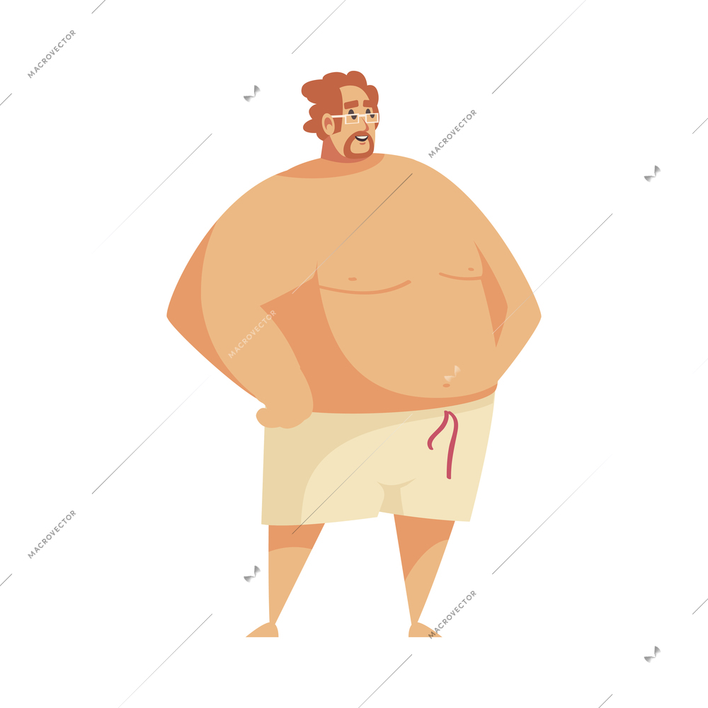 Cartoon happy overweight man wearing swimming trunks and glasses vector illustration