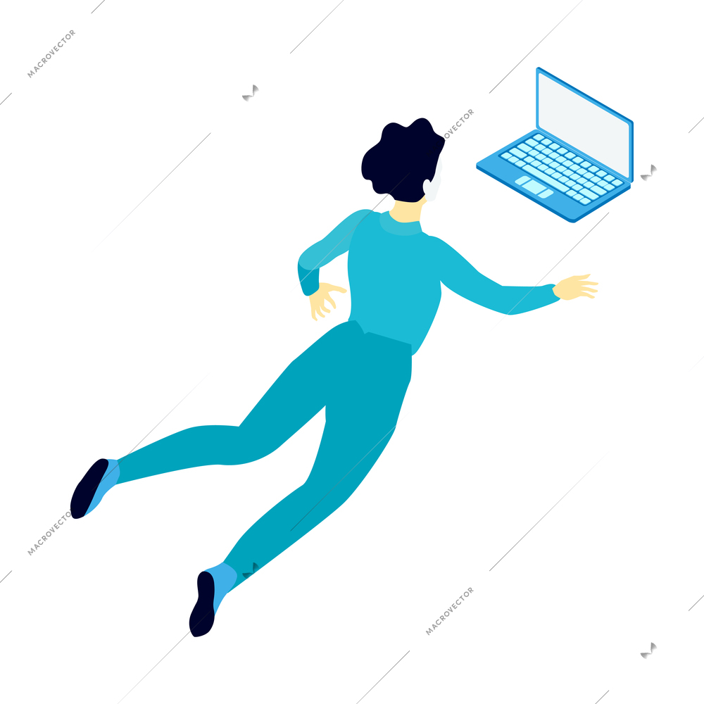 Astronaut at cosmic station under zero gravity in front of laptop isometric icon isolated vector illustration