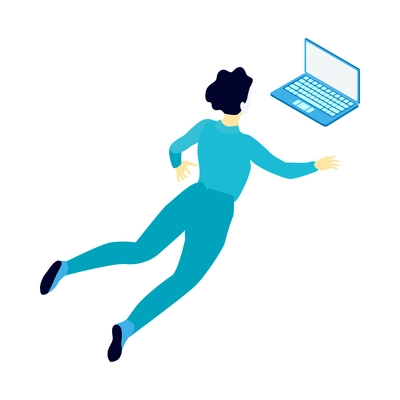 Astronaut at cosmic station under zero gravity in front of laptop isometric icon isolated vector illustration