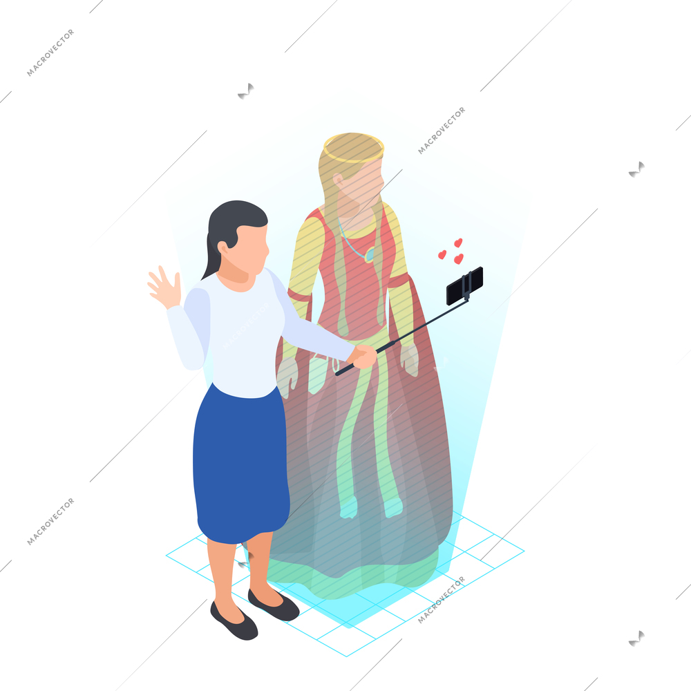 Modern museum icon with visitor taking selfie with 3d woman hologram isometric vector illustration