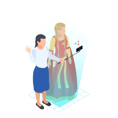 Modern museum icon with visitor taking selfie with 3d woman hologram isometric vector illustration