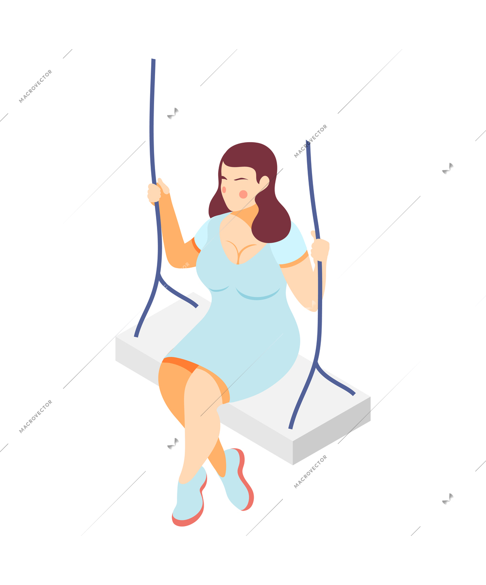 Isometric icon with elegant plus size woman swinging on swing vector illustration