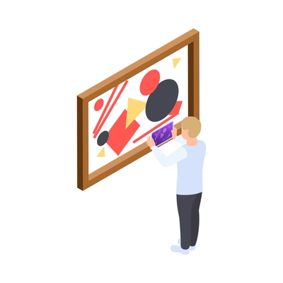 Man with tablet at interactive art exhibition in modern museum 3d isometric icon vector illustration