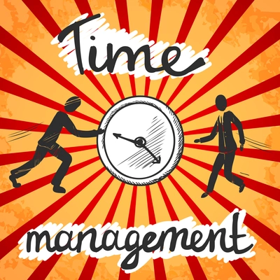 Time management poster sketch with business people and clock vector illustration