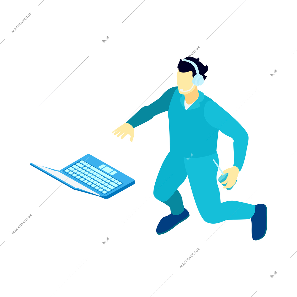 Isometric icon with spaceman wearing headphones under zero gravity with laptop isolated vector illustration