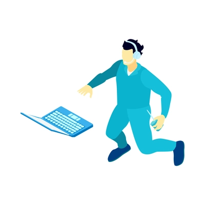 Isometric icon with spaceman wearing headphones under zero gravity with laptop isolated vector illustration